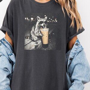 Comfort Colors® Raccoon Drinking Iced Coffee Graphic T-Shirt | Funny Tee